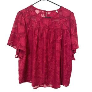 Floral‎ Lace Sheer Flutter Sleeve Blouse M Burgundy Red Romantic Feminine